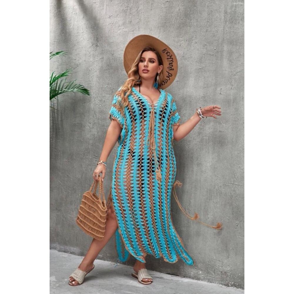 Crochet Maxi Cover Up Dress M/L Blue Brown Knit Boho Festival Cowgirl Beach - Picture 2 of 11